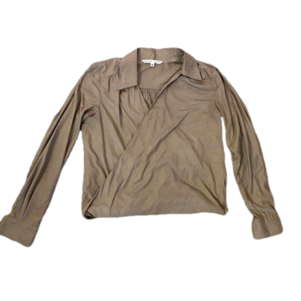 Trina Turk Taupe Faux Suede Surplice Faux Wrap Blouse Long Sleeve Medium